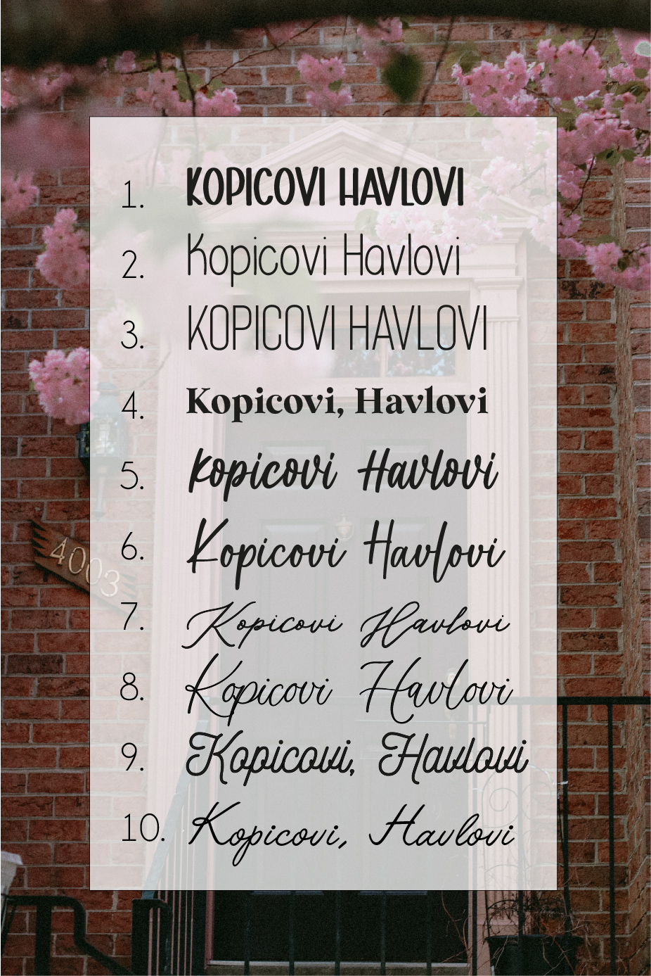 Vzorník fontů na rodinné jmenovky na dveře